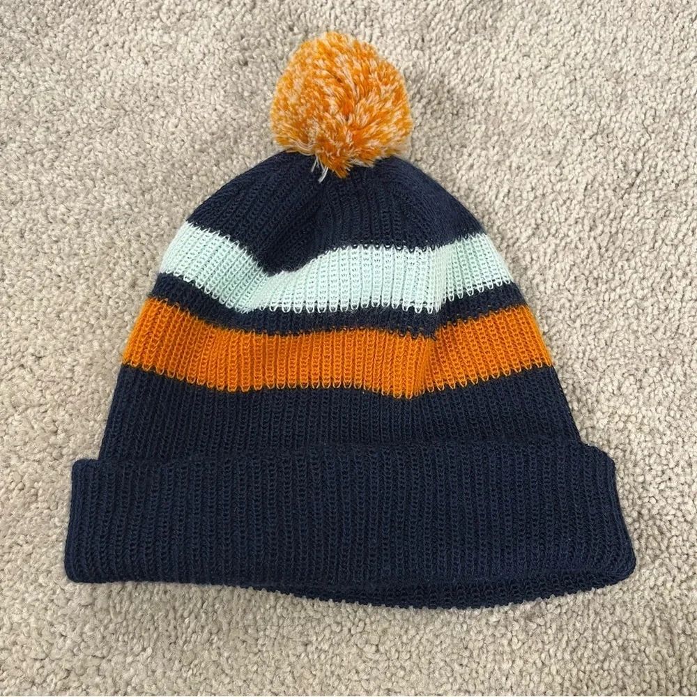 Smartwool Kids Stripe Pom Beanie Navy Blue Orange Size L/XL Fall Merino Wool
